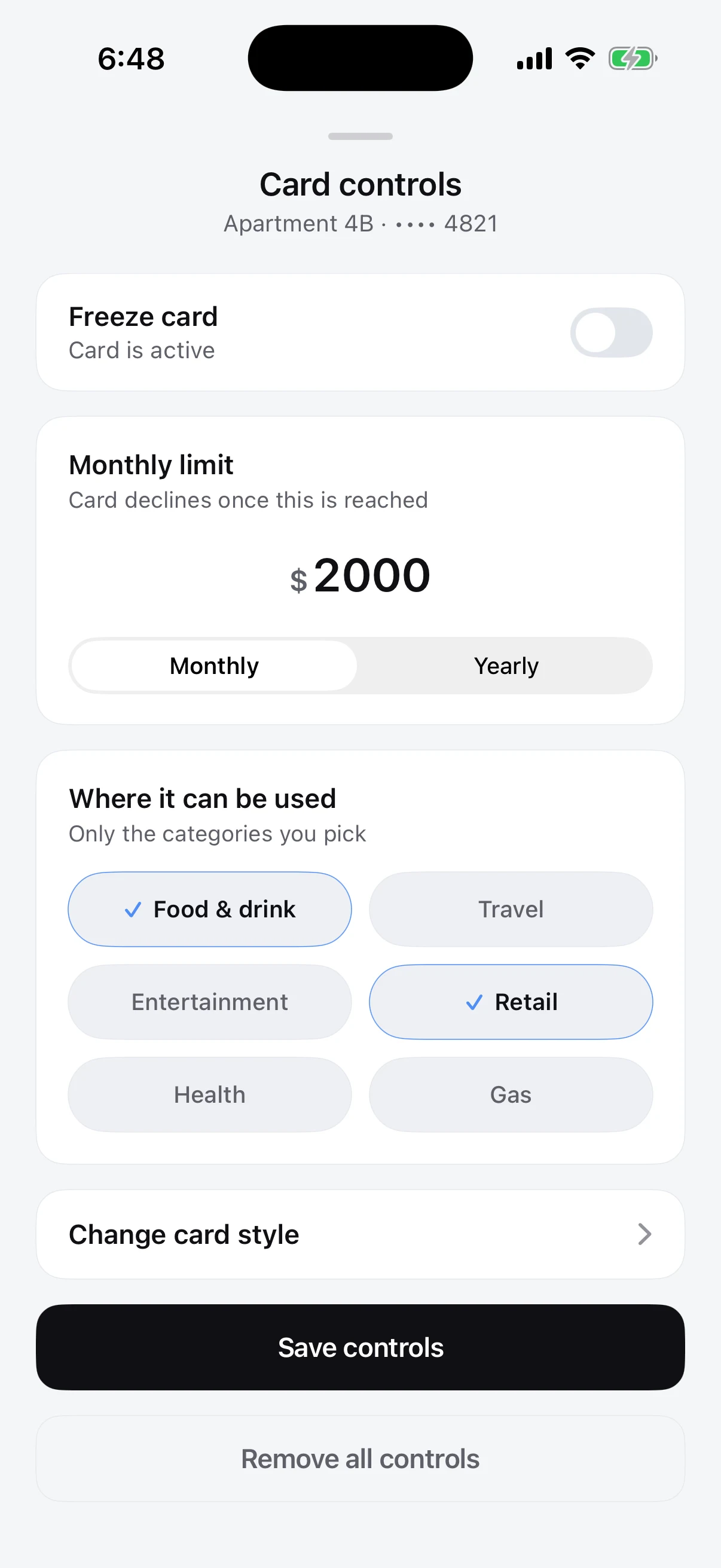 Flint card controls screen